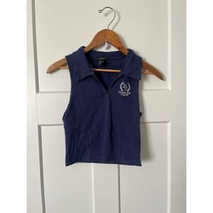 Forever 21 Womens Navy Blue Leisure Club Embroidered Sleeveless Crop Polo Shirt